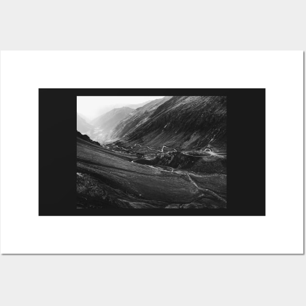 Black and White Shot of Swiss Alpine Road Winding Through Valley Wall Art by visualspectrum